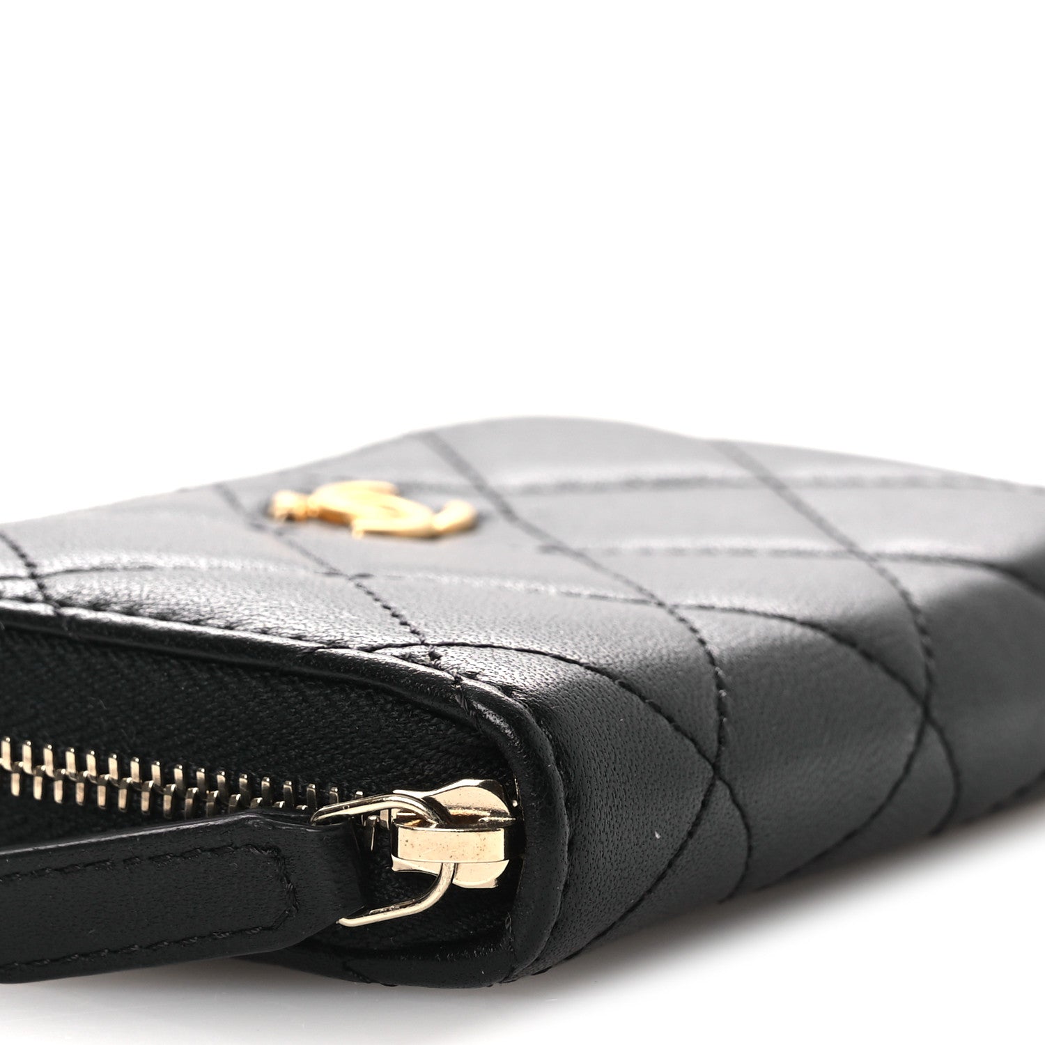 Chanel Lambskin Quilted CC Pearl Crush Zip Card Holder On Chain Black