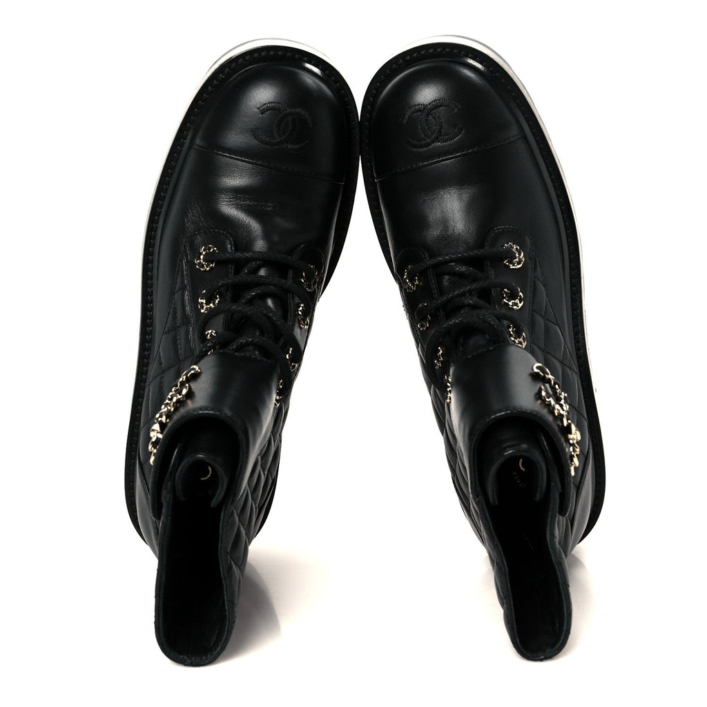 Chanel Shiny Lambskin Quilted Lace Up Combat Boots 39 Black