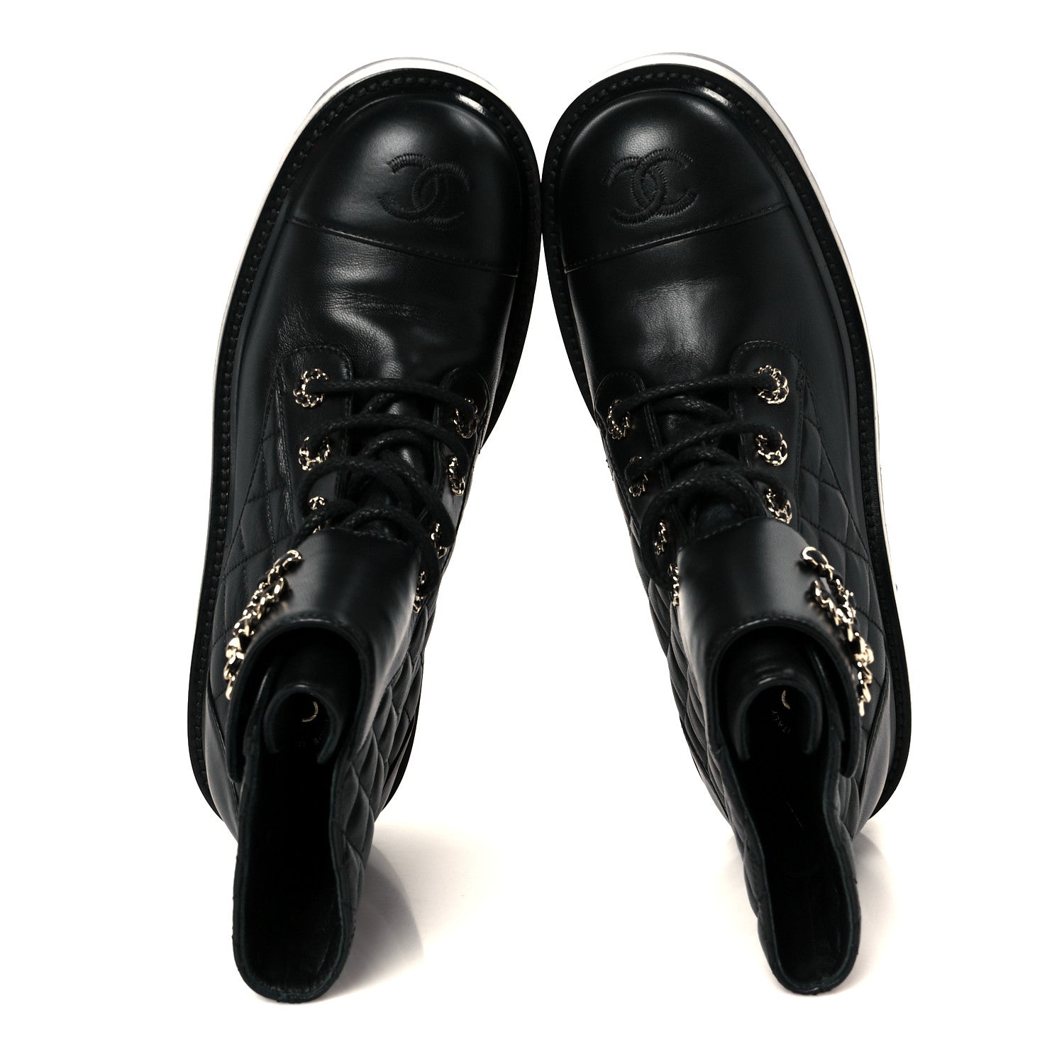 Chanel Shiny Lambskin Quilted Lace Up Combat Boots 39 Black