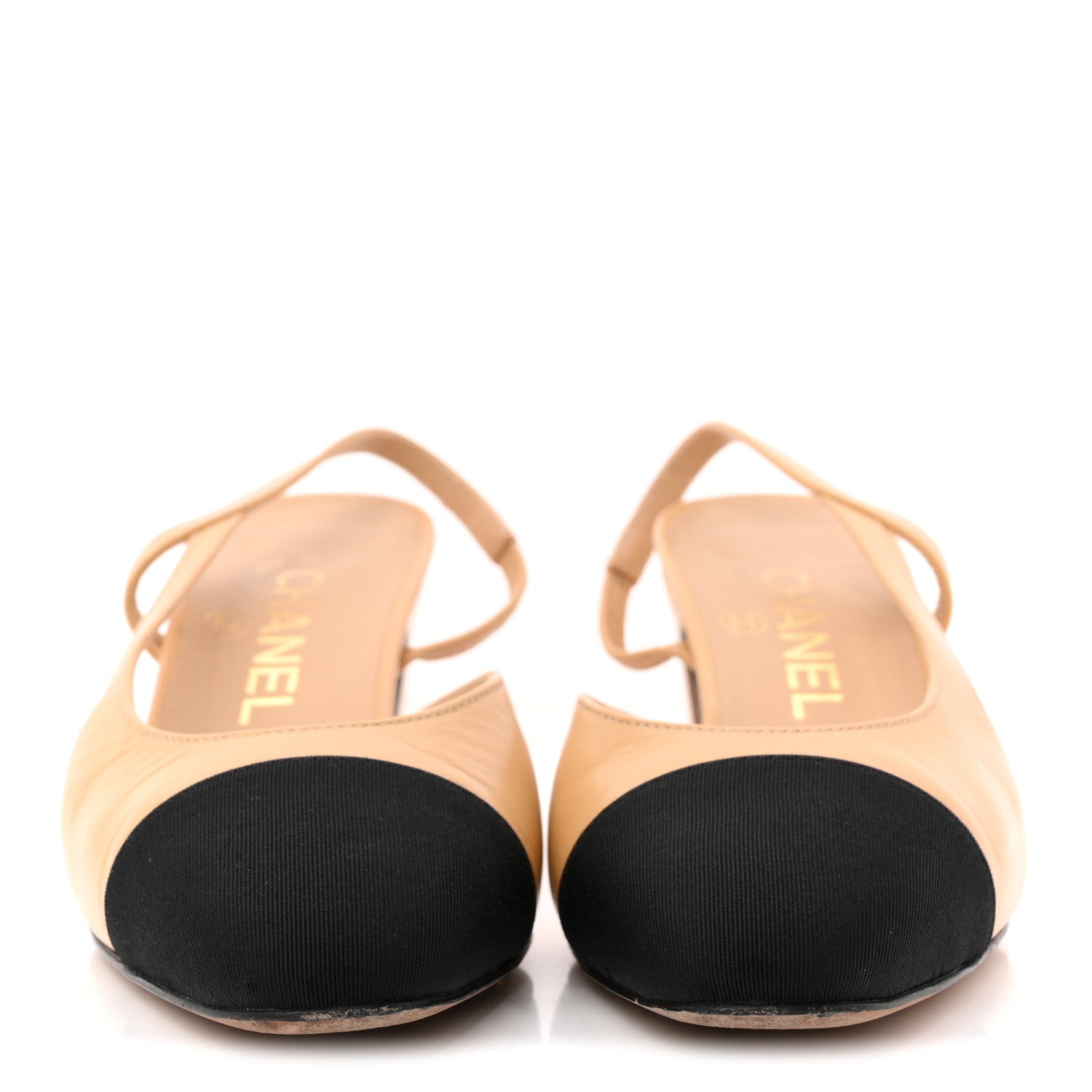 Goatskin Grosgrain Cap Toe CC Slingback Pumps 36.5 Beige Black