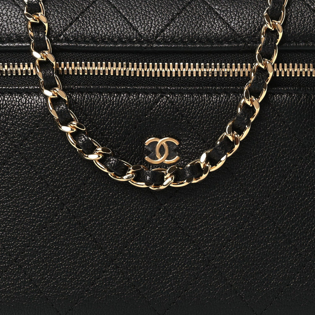 Chanel Goatskin Stitched Top Handle Slim Vanity With Chain Black