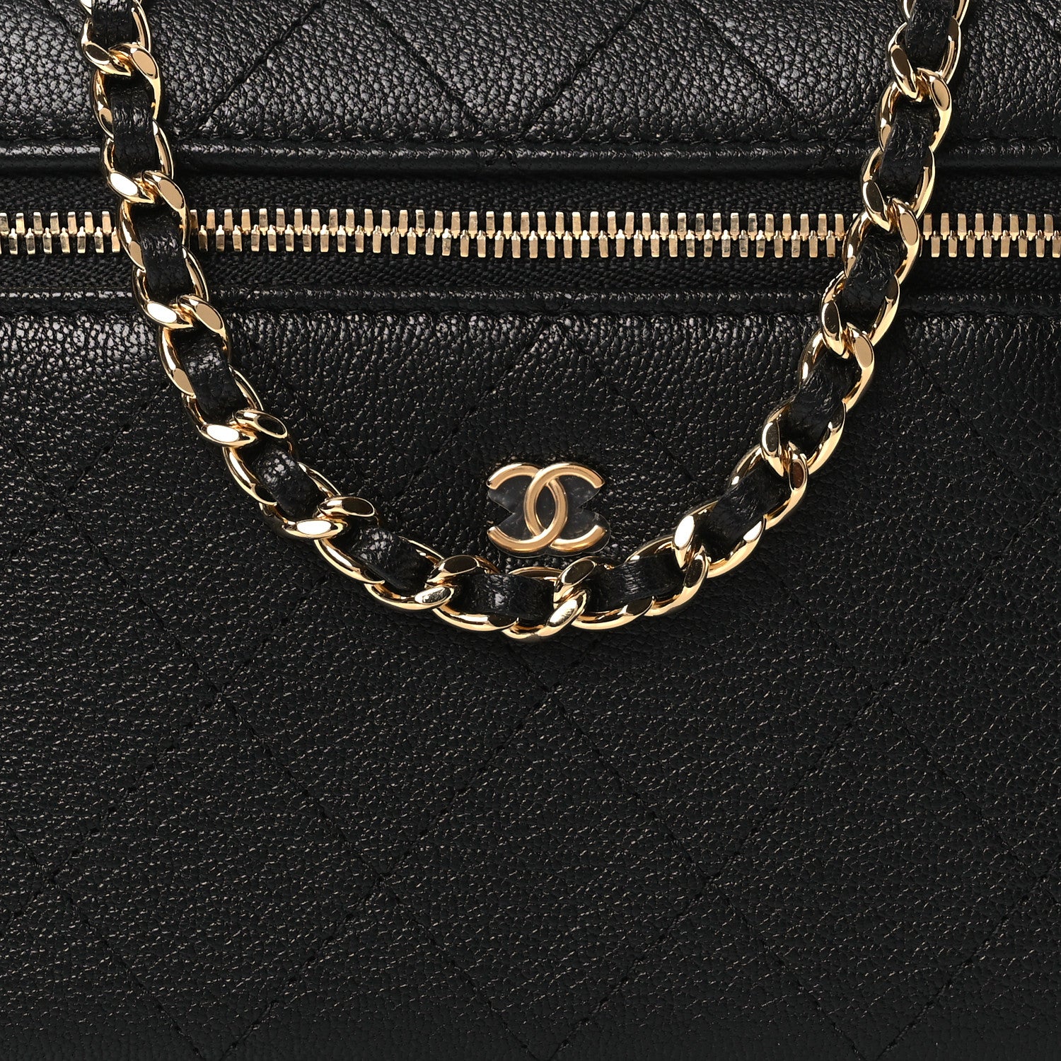 Chanel Goatskin Stitched Top Handle Slim Vanity With Chain Black