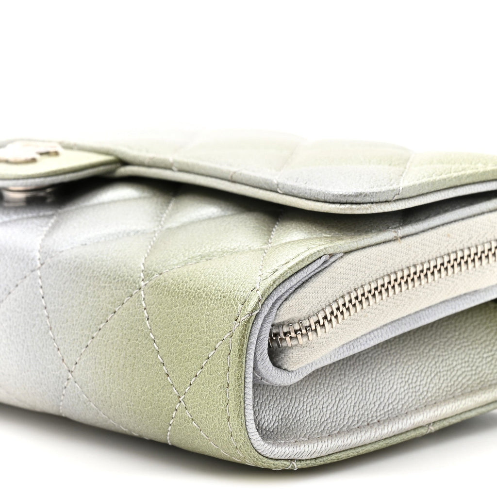Chanel Metallic Goatskin Quilted Ombre Phone Holder Wallet on Removable Chain Grey Green