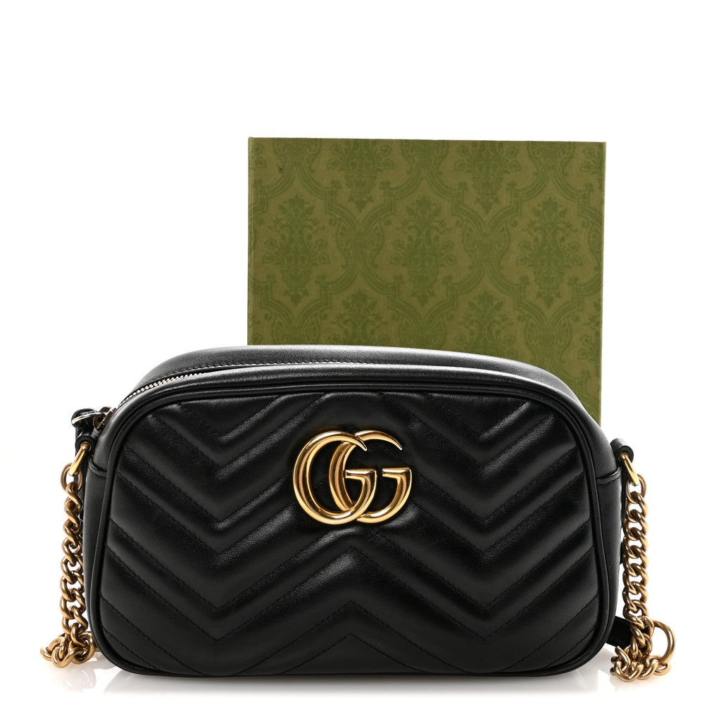 Gucci Calfskin Matelasse Small GG Marmont Chain Shoulder Bag Black