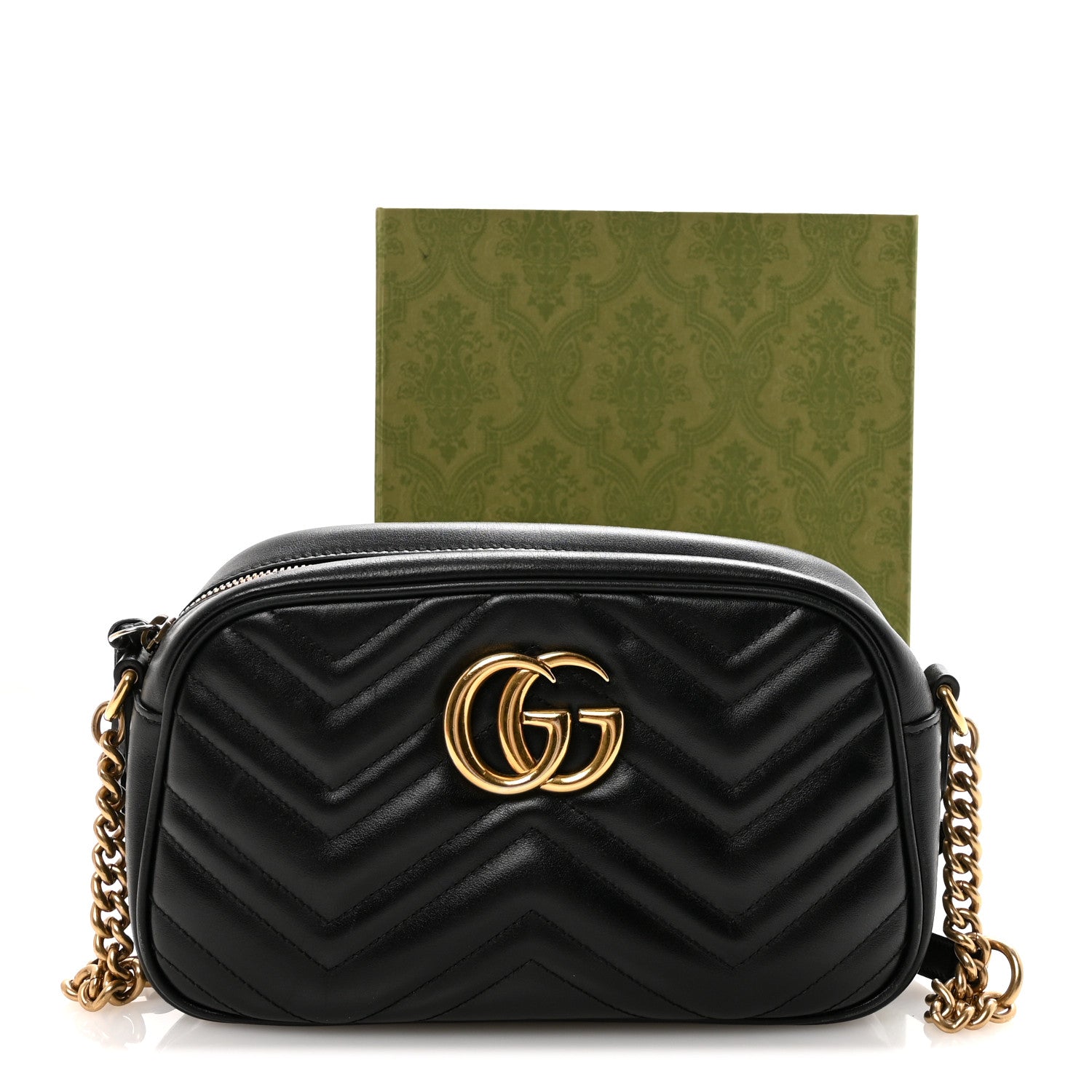 Gucci Calfskin Matelasse Small GG Marmont Chain Shoulder Bag Black