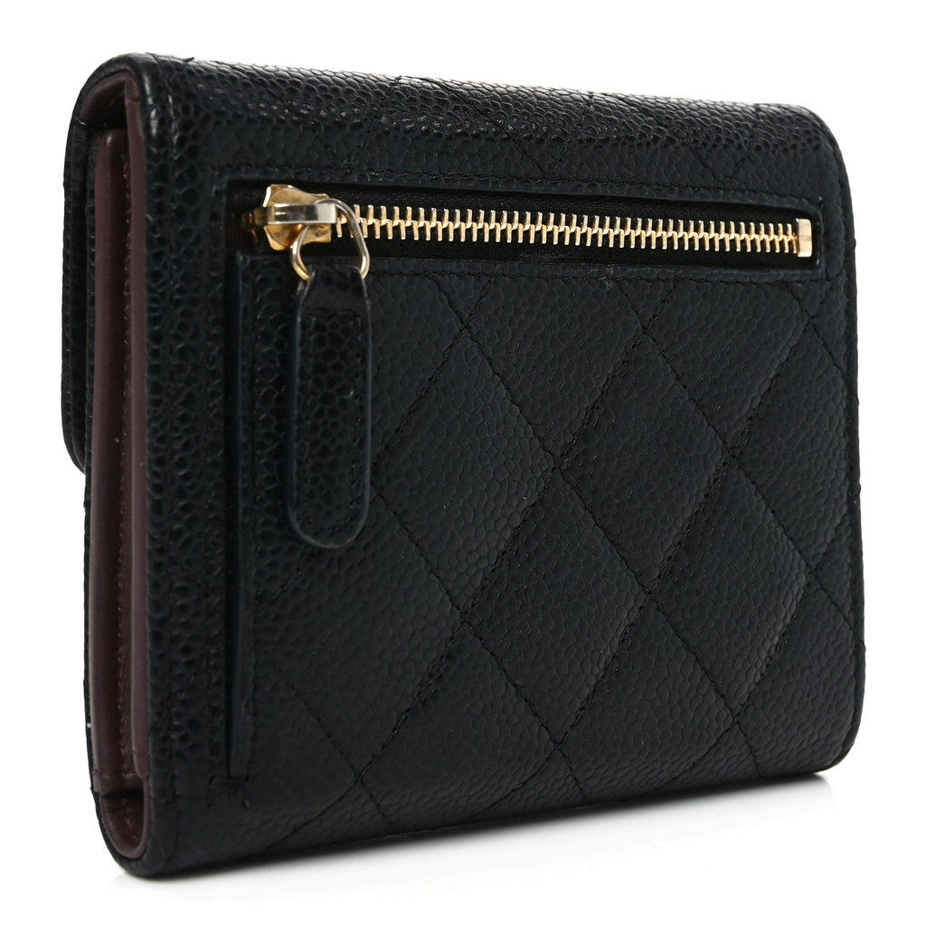 Caviar Quilted Compact Flap Wallet Black