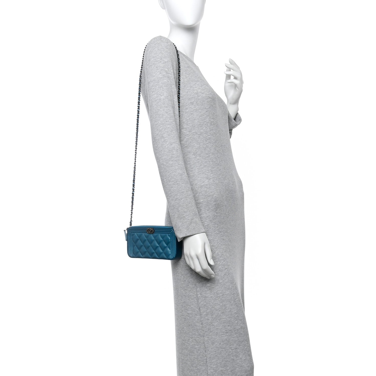 Chanel Metallic Caviar Quilted Small Boy Clutch With Chain Turquoise