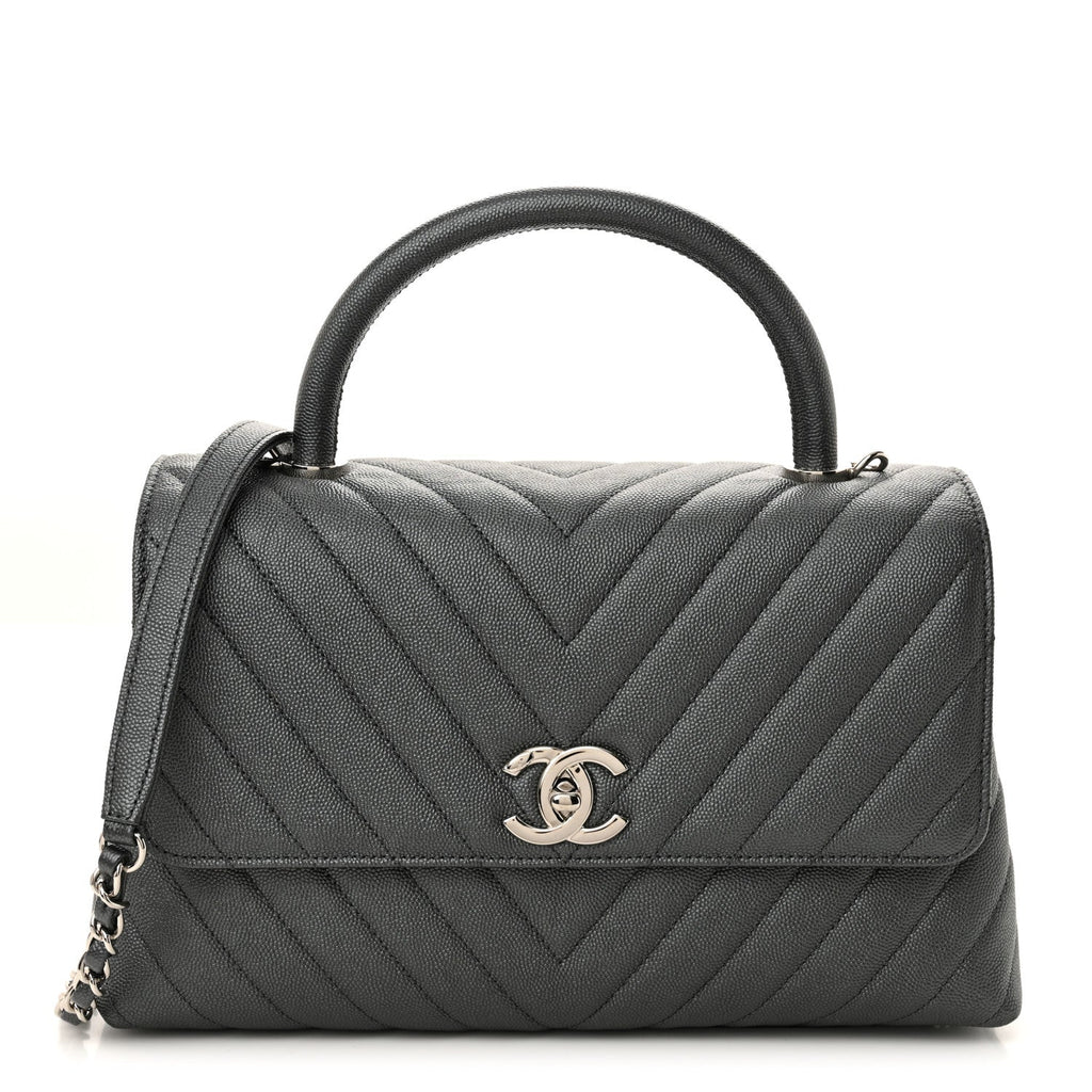 Chanel Metallic Caviar Chevron Quilted Small Coco Handle Flap Dark Silver