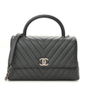 Chanel Metallic Caviar Chevron Quilted Small Coco Handle Flap Dark Silver