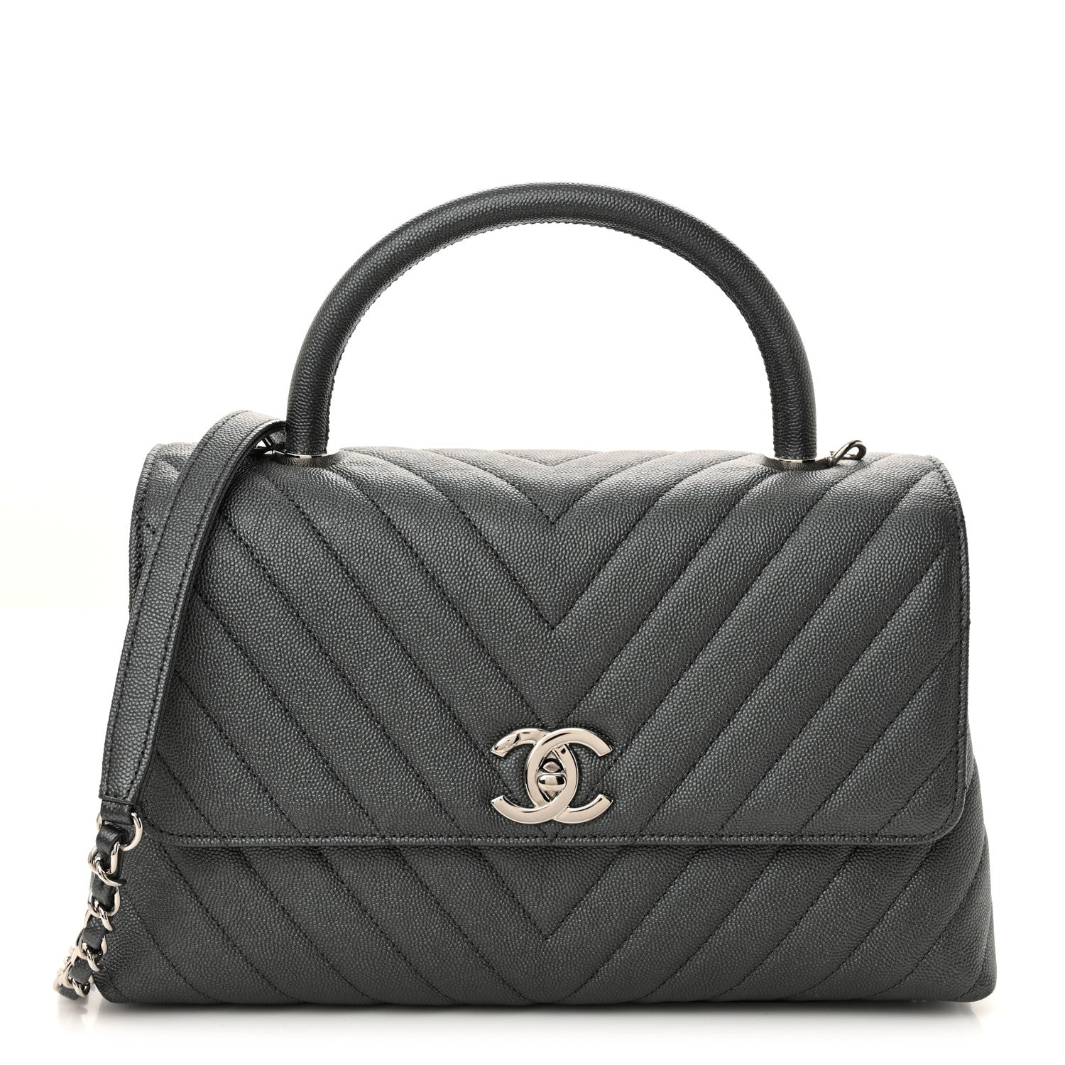 Chanel Metallic Caviar Chevron Quilted Small Coco Handle Flap Dark Silver