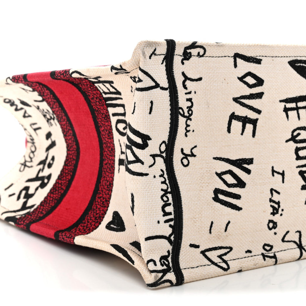 Christian Dior Canvas Embroidered Medium Dioramour Graffiti Book Tote Latte Multicolor