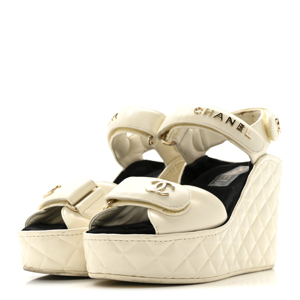 Chanel Shiny Calfskin Quilted Wedge Sandals 36 Ivory