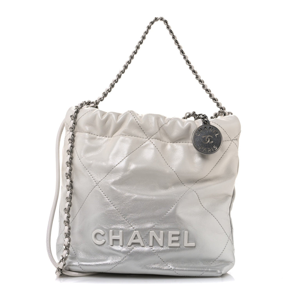 Chanel Metallic Shaded Calfskin Quilted Mini Chanel 22 White Silver