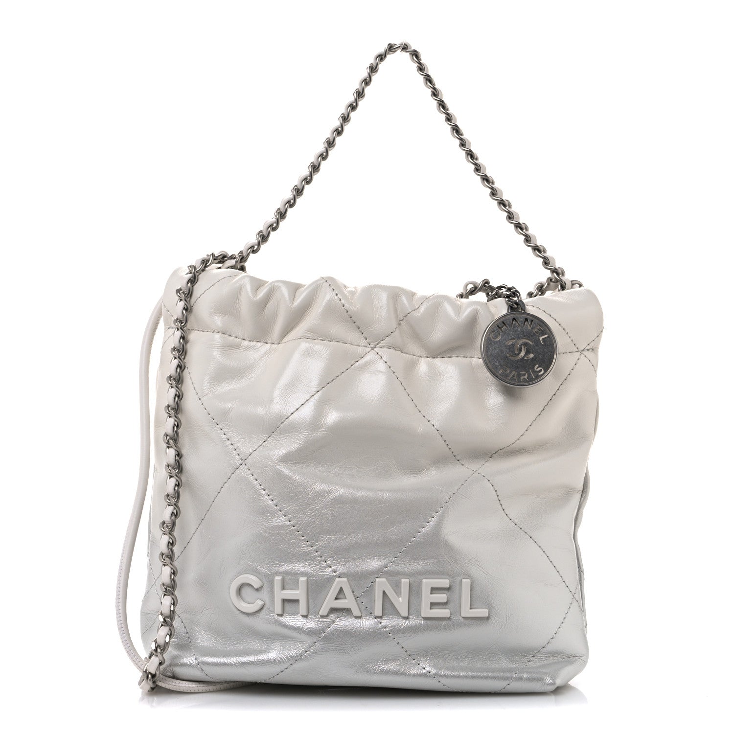 Chanel Metallic Shaded Calfskin Quilted Mini Chanel 22 White Silver