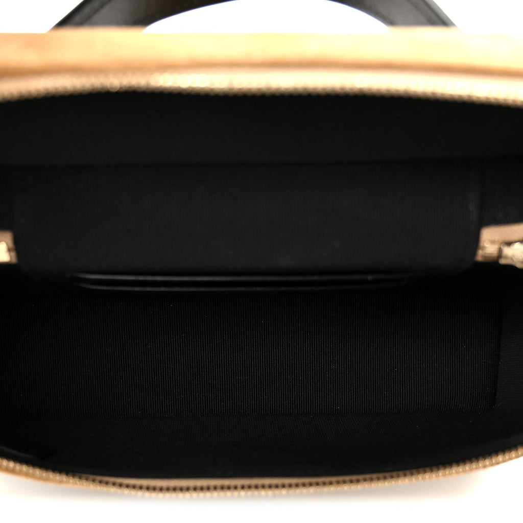 Chanel Suede Calfskin Shiny Lambskin Stitched Top Handle Slim Vanity Case With Chain Beige Black