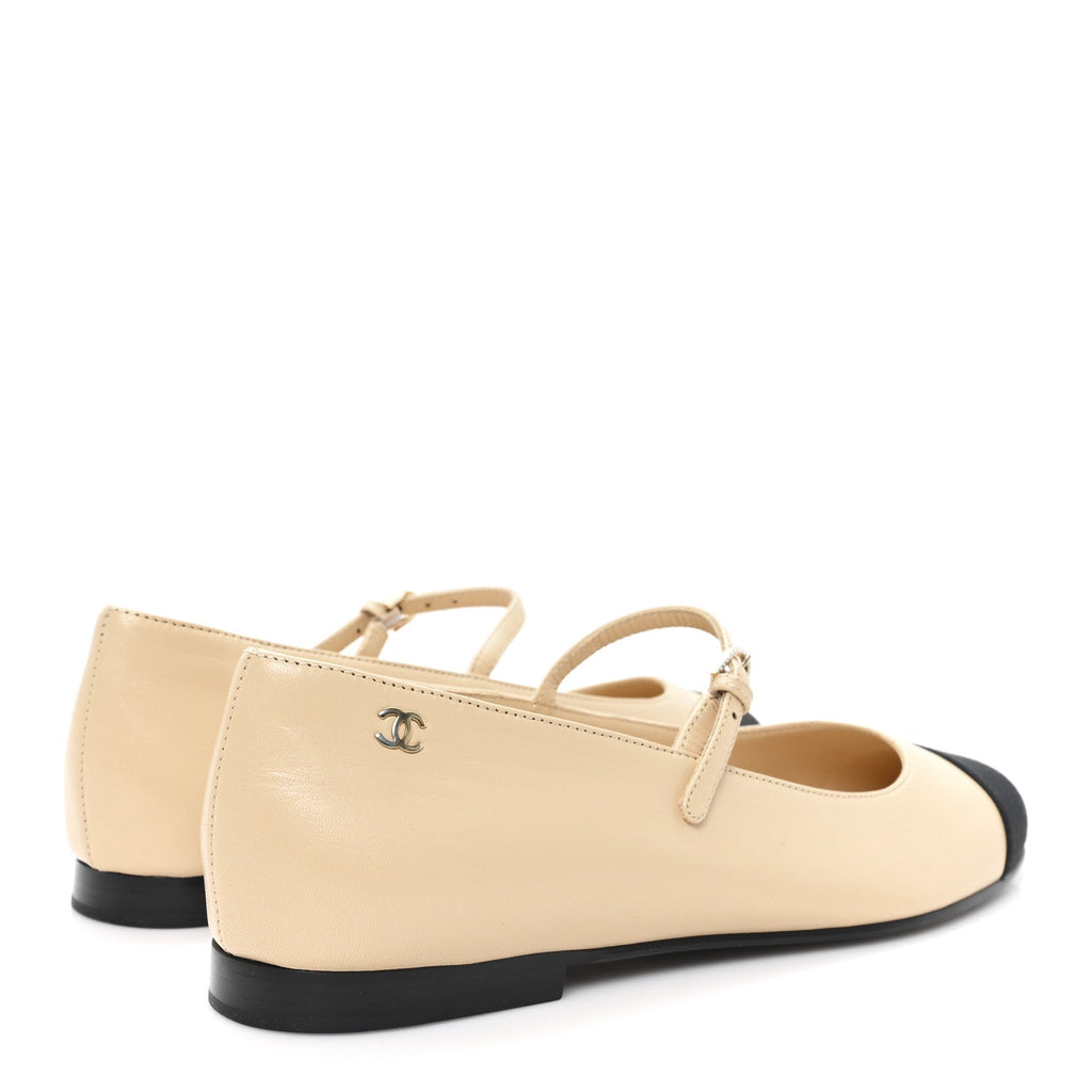 Goatskin Grosgain Cap Toe Pearl Mary Jane Flats 36.5 Beige Black