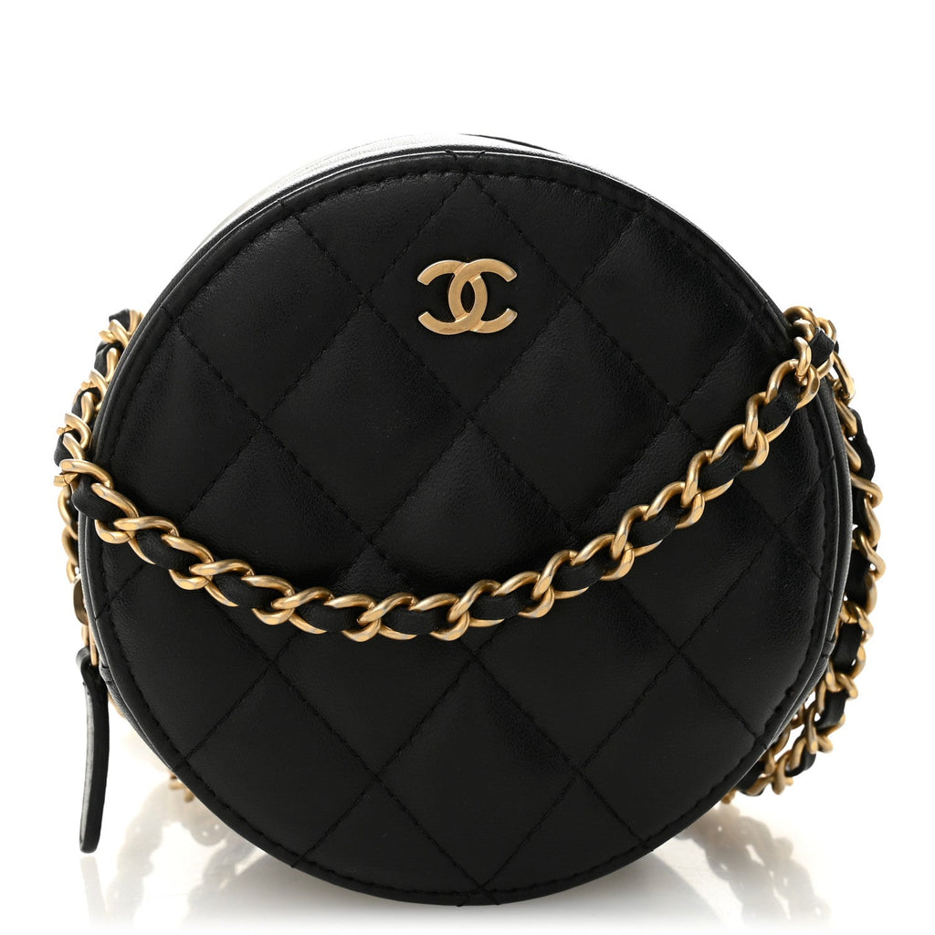 Chanel Lambskin Quilted Round Clutch With Chain Black
