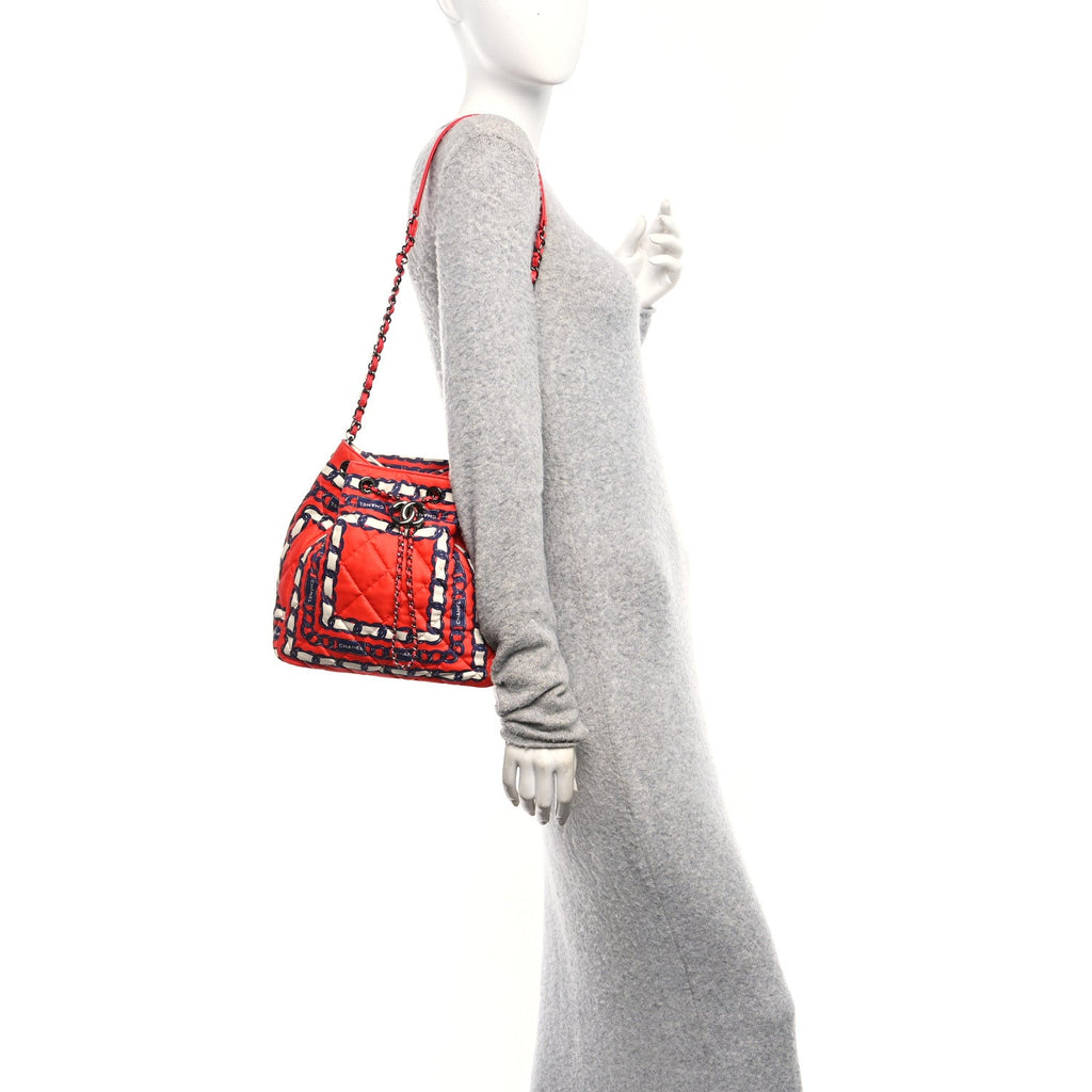 Chanel Silk Quilted Chain Printed Bucket Bag Red