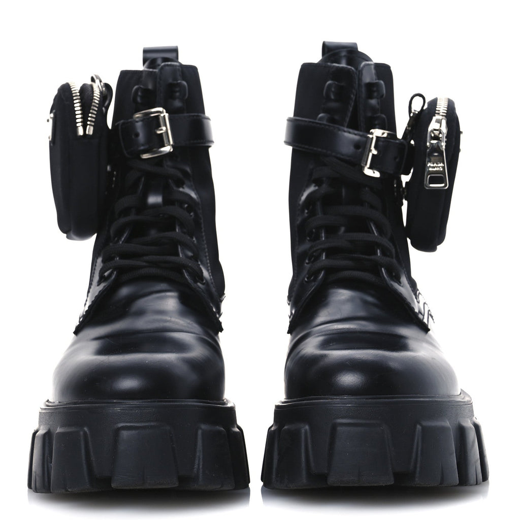 Prada Spazzolato Rois Re-Nylon Metal Triangle Logo Monolith Pouch Pocket 55mm Boots 41 Black