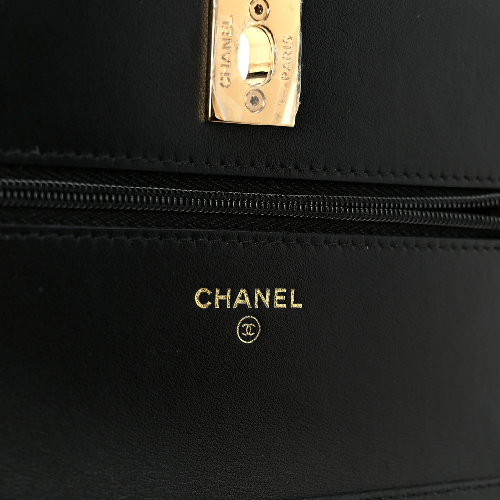Chanel Shiny Lambskin Quilted CC Pearl Wallet on Chain WOC Black