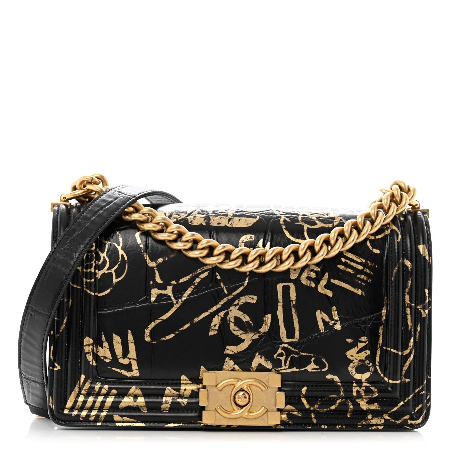 Chanel Calfskin Crocodile Embossed Graffiti Cocodile Medium Boy Flap Black