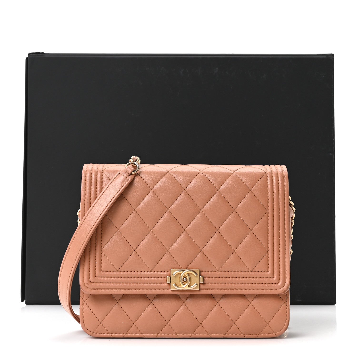 Chanel Calfskin Quilted Boy Square Wallet on Chain WOC Brown