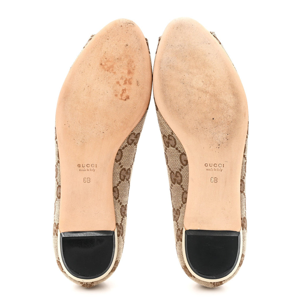 Gucci Monogram Miro Soft Calfskin Womens Horsebit Peep Toe Flats 6 Beige Ebony Mystic White