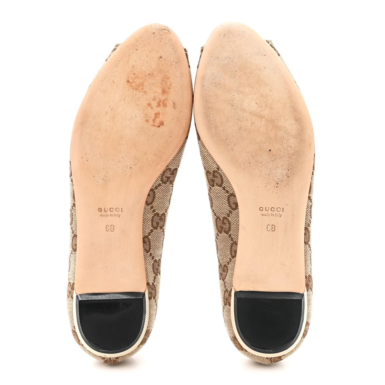 Gucci Monogram Miro Soft Calfskin Womens Horsebit Peep Toe Flats 6 Beige Ebony Mystic White