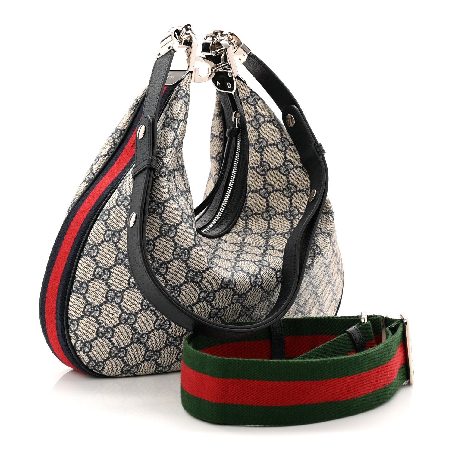 Gucci GG Supreme Monogram Textured Calfskin Web Large Attache Shoulder Bag Beige Blue