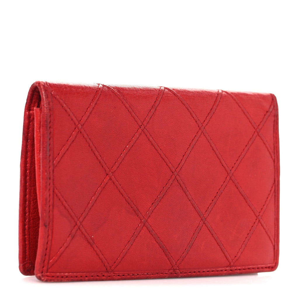Lambskin Diamond Stitched Flap Card Case Red