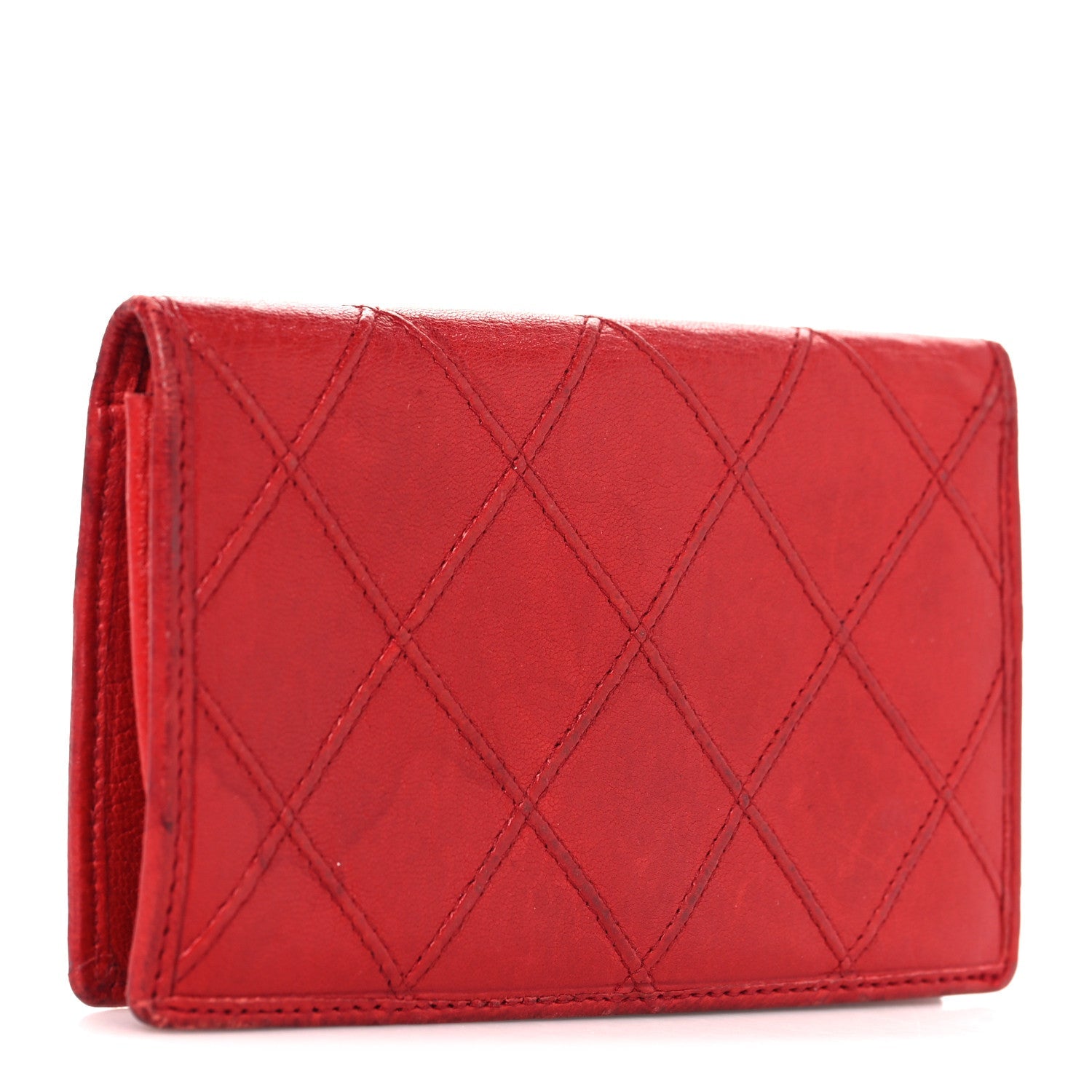 Lambskin Diamond Stitched Flap Card Case Red