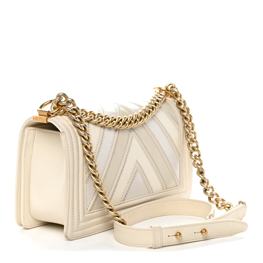 Chanel Caviar Suede Calfskin Chevron Medium Boy Flap White