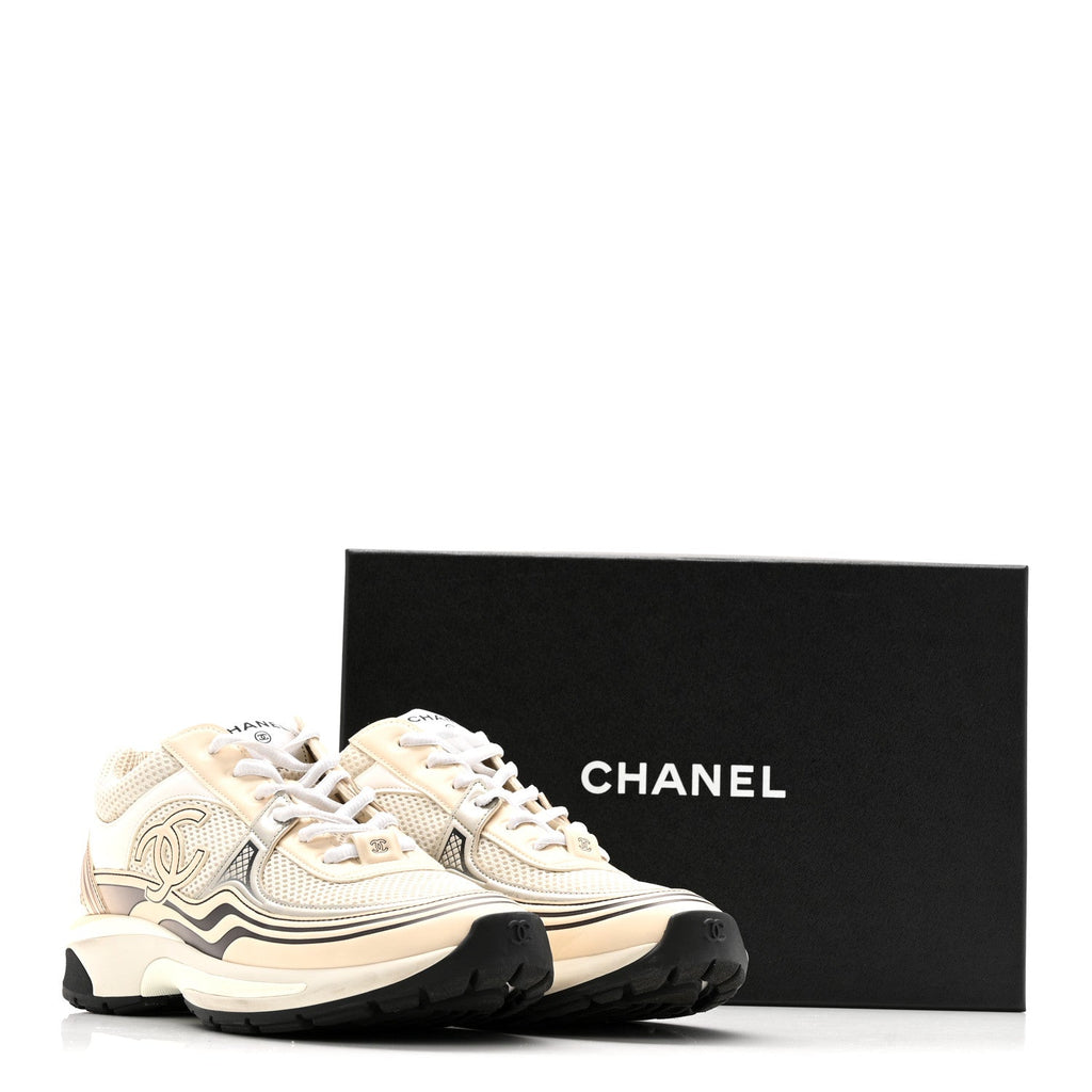 Fabric Laminated Calfskin Stretch CC Sneakers 37 Ivory White Silver