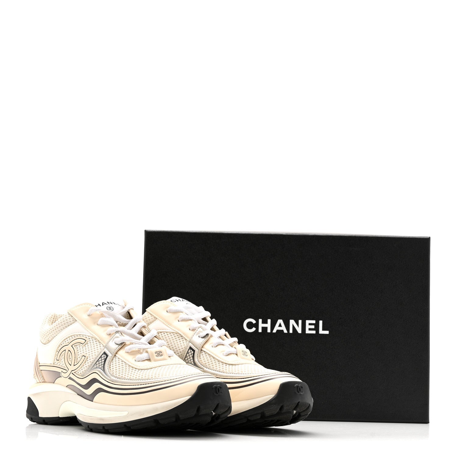 Fabric Laminated Calfskin Stretch CC Sneakers 37 Ivory White Silver