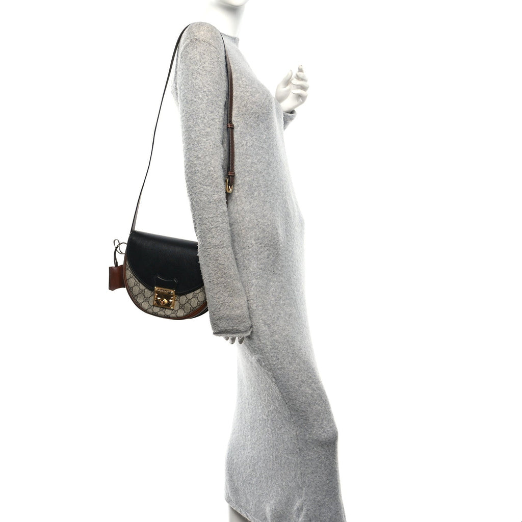 Gucci GG Supreme Monogram Calfskin Small Padlock Messenger Shoulder Bag Beige Black Cuir