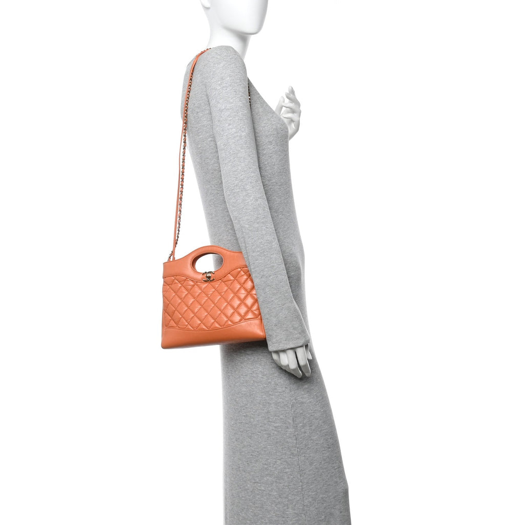 Chanel Shiny Crumpled Calfskin Quilted Mini 31 Shopping Bag Orange