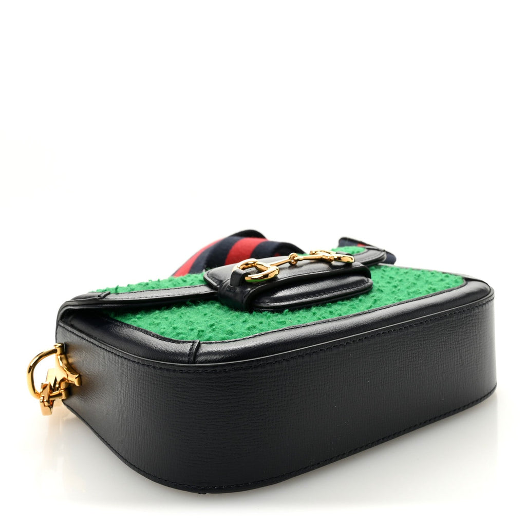 Gucci Casy Wool Azalea Calfskin Mini Horsebit 1955 Shoulder Bag Deep Emerald Blue