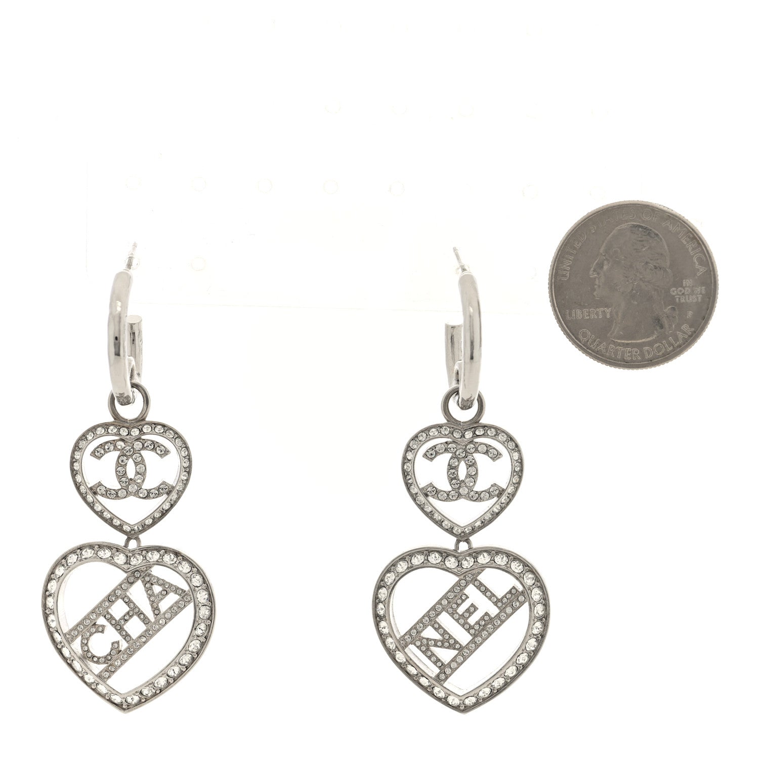 Crystal Metal CC Heart Drop Hoop Earrings Silver