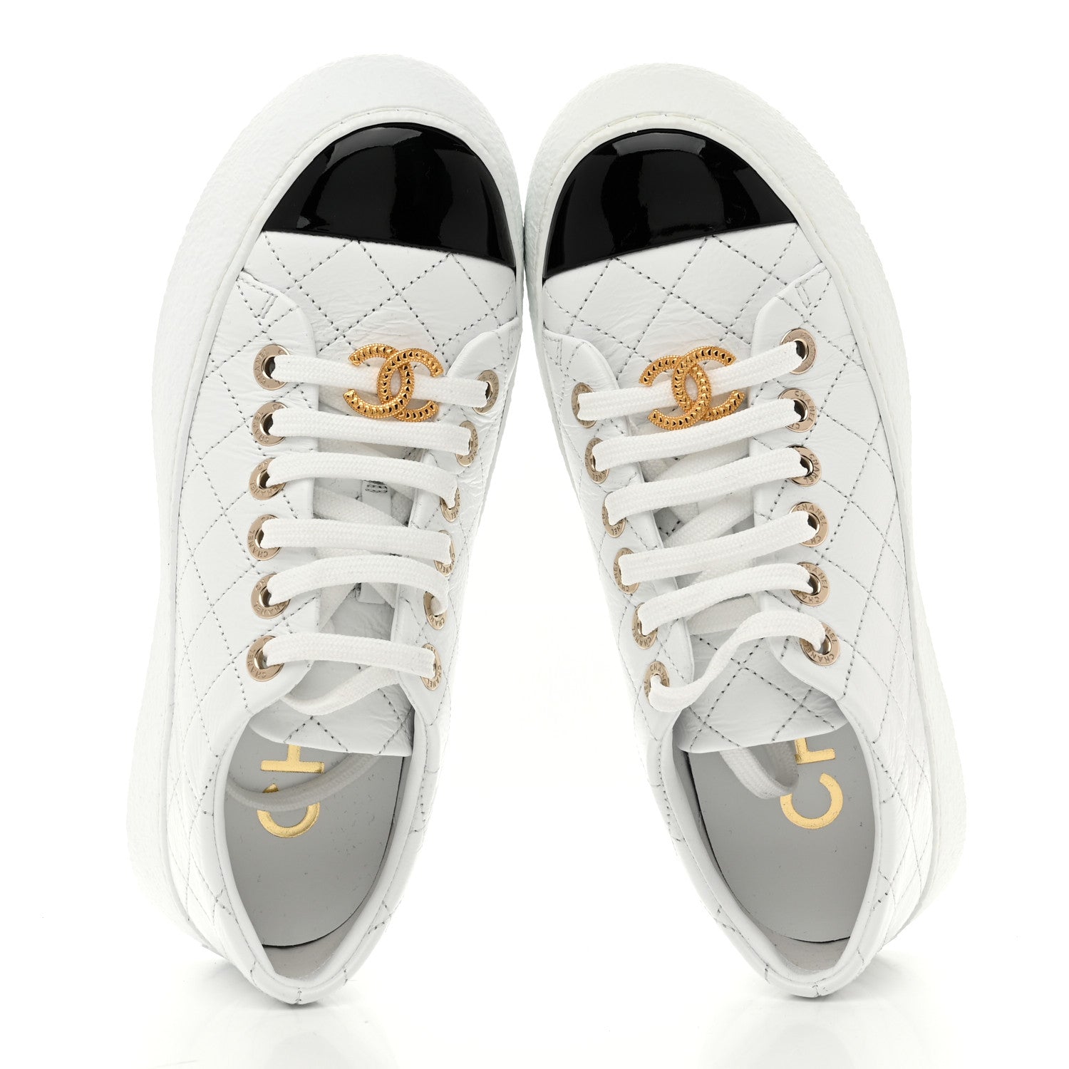Crumpled Lambskin Patent Cap Toe CC Stitched Sneakers 35.5 White Black