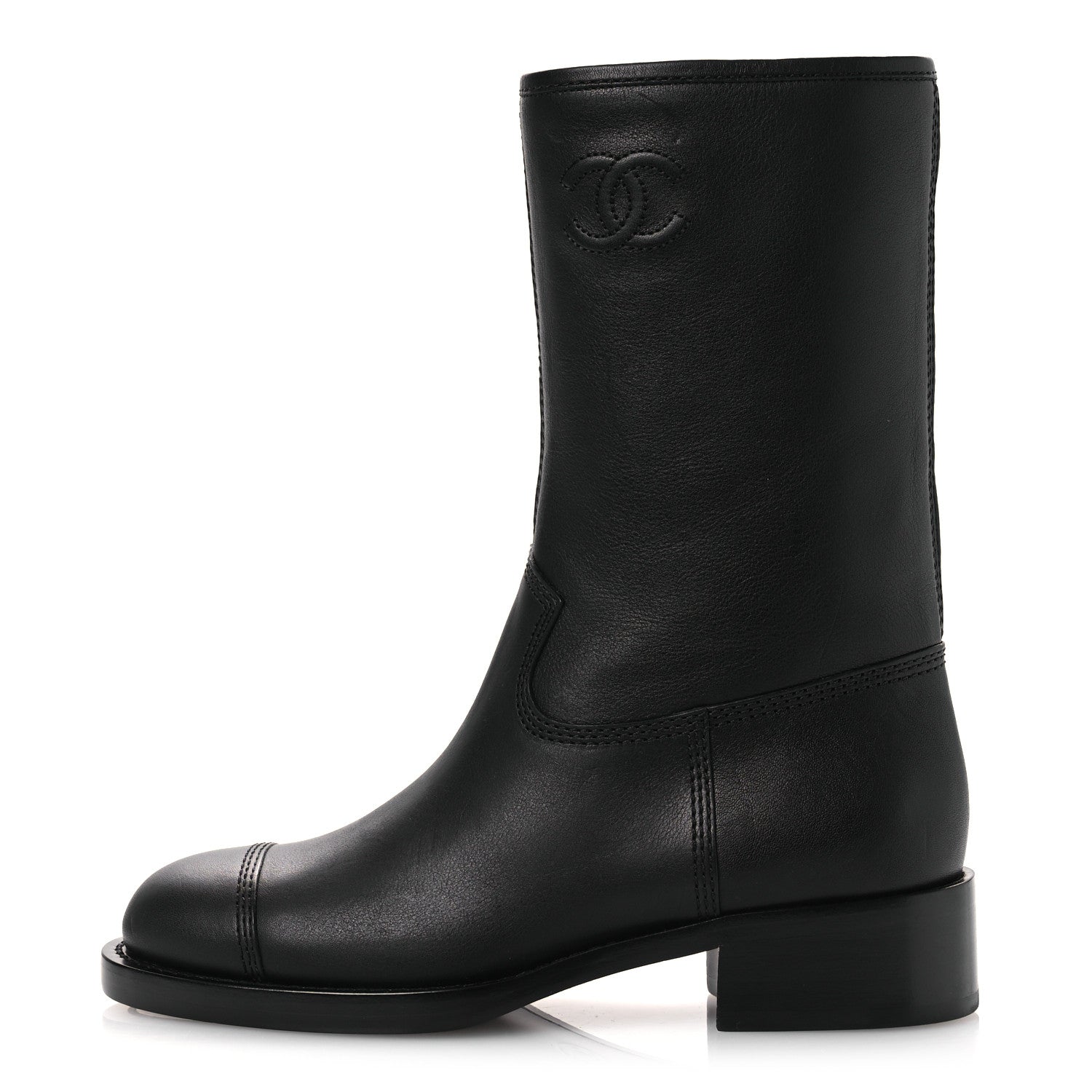 Calfskin Quilted CC Logo Mid Calf Boots 35 Black