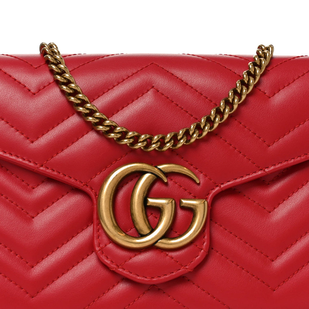 Gucci Calfskin Matelasse GG Marmont Chain Wallet Hibiscus Red