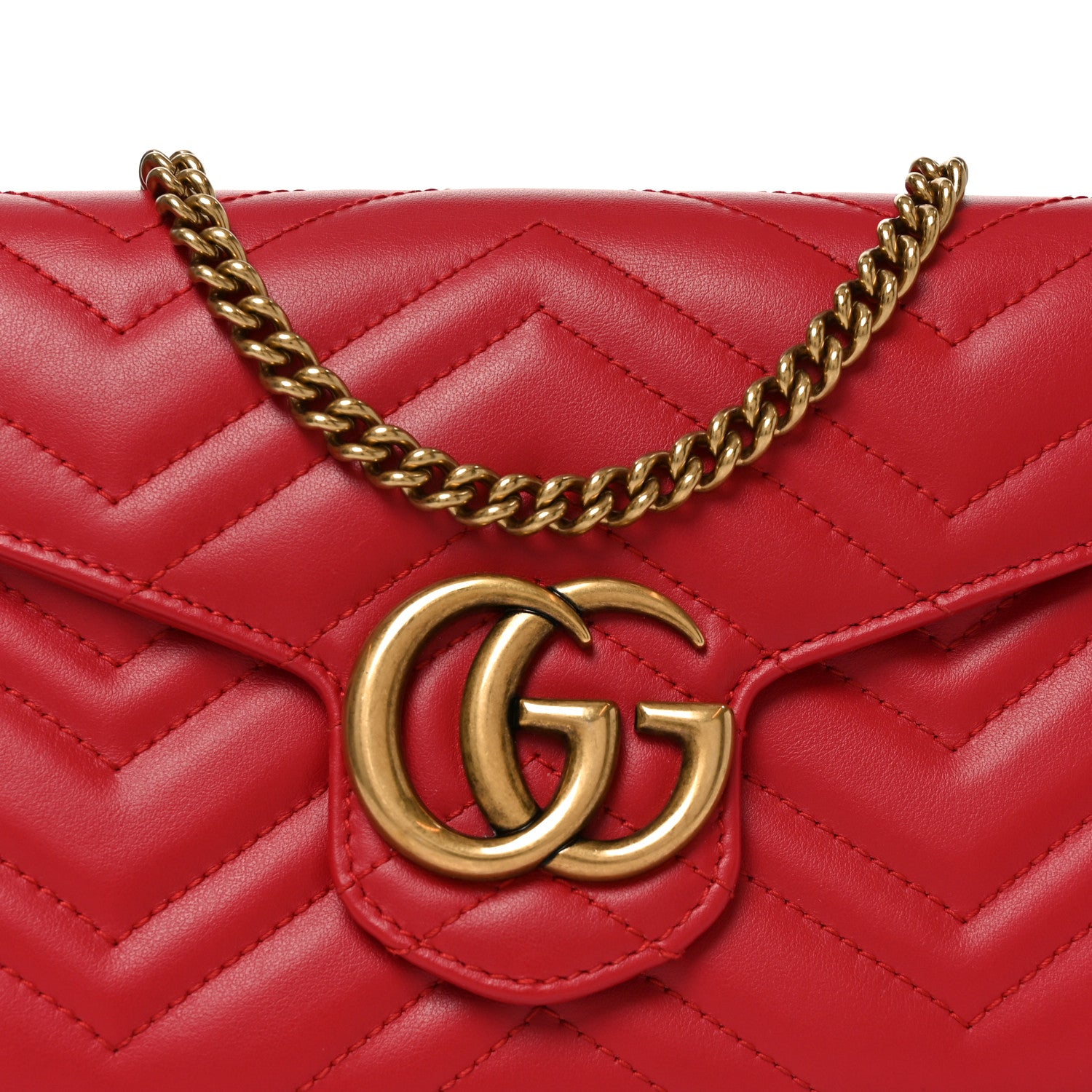 Gucci Calfskin Matelasse GG Marmont Chain Wallet Hibiscus Red