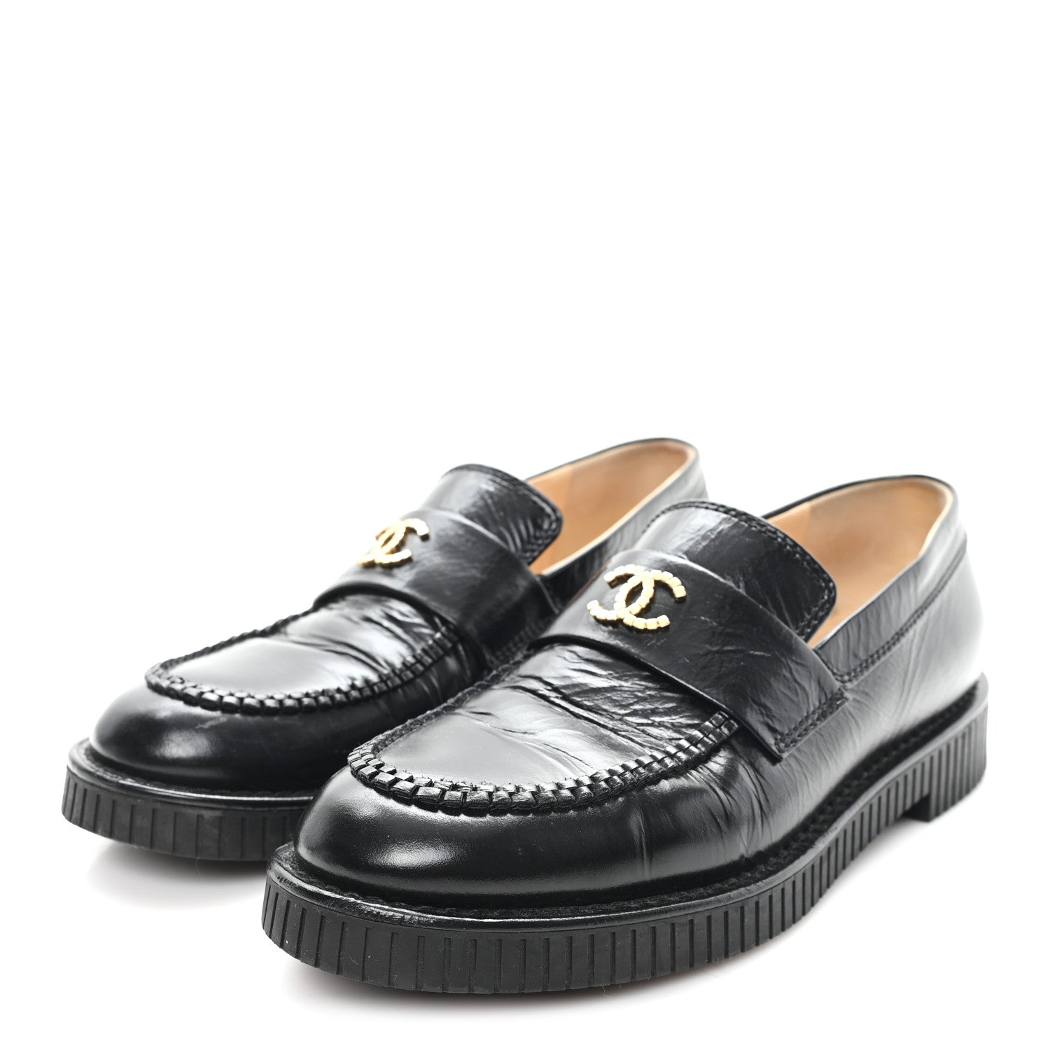 Chanel Shiny Crumpled Calfskin CC Mocassin Loafers 38.5 Black
