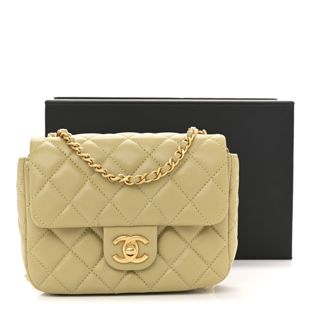 Chanel Lambskin Enamel Quilted Mini Coco Hearts Square Flap Light Green