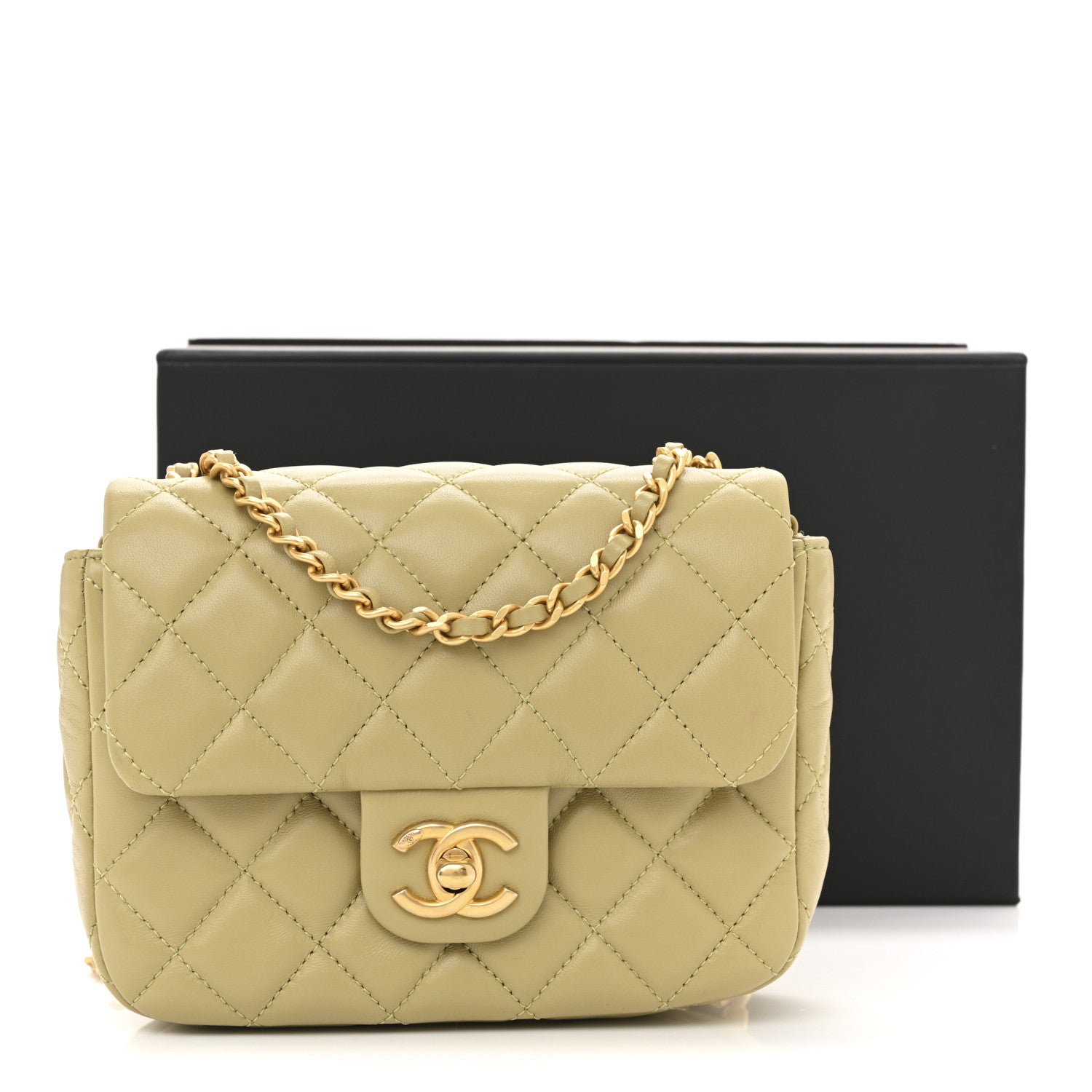 Chanel Lambskin Enamel Quilted Mini Coco Hearts Square Flap Light Green