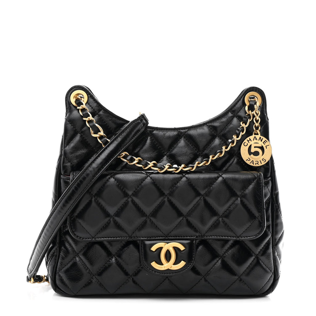 Chanel Shiny Crumpled Calfskin Quilted Wavy CC Hobo Black