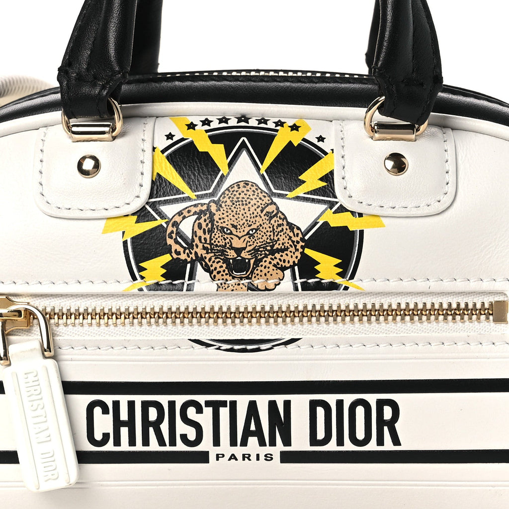 Christian Dior Calfskin Animal Print Micro Dior Vibe Zip Bowling Bag White Multicolor
