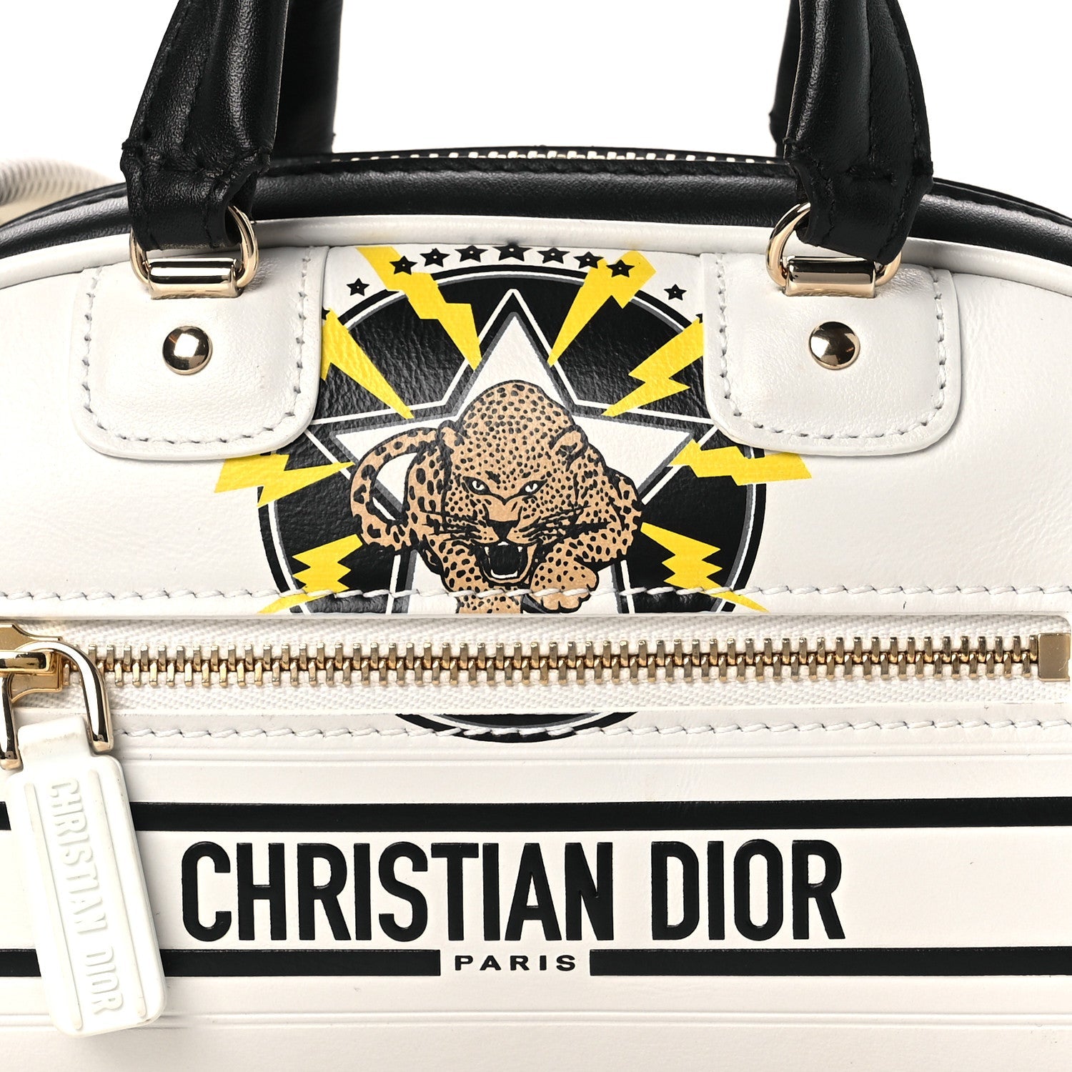 Christian Dior Calfskin Animal Print Micro Dior Vibe Zip Bowling Bag White Multicolor