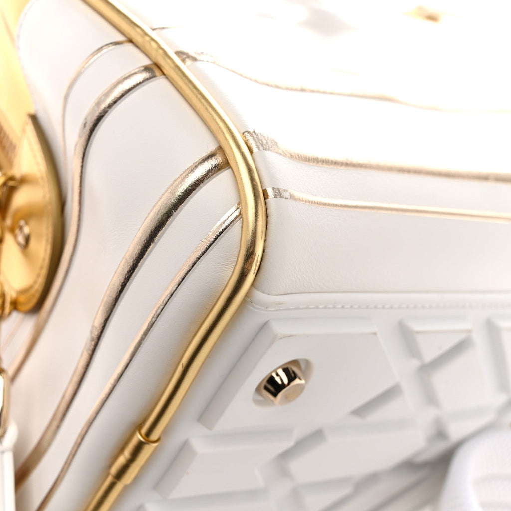 Christian Dior Calfskin Padded Macrocannage Medium Dior Vibe Zip Bowling Bag White Gold
