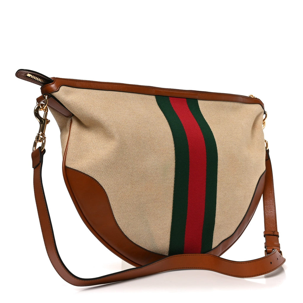 Gucci Vintage Canvas Calfskin Web Large Ophidia Half Moon Hobo Sand Light Cuir